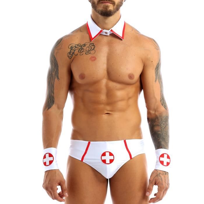 iixpin Déguisement Infirmière Sexy Homme Cosplay Adulte Costume Docteur Médecin Erotique Lingerie M-XXL Blanc