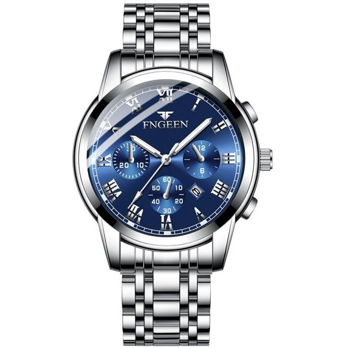 RMEGA Montre Homme, Montre Bracelet Homme Quartz Etanche Acier Inoxydable Bande Acier Cadran Bleu