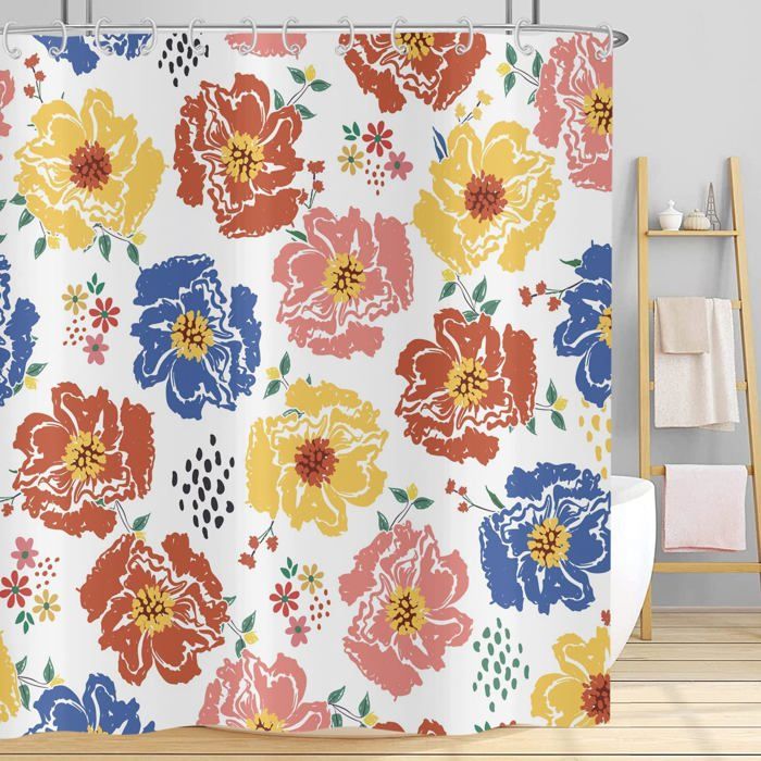 Rideau De Douche Floral 180x180cm - Tissu Polyester Imperméable, Style Boho - Pour Salle De Bain, Déco Colorée