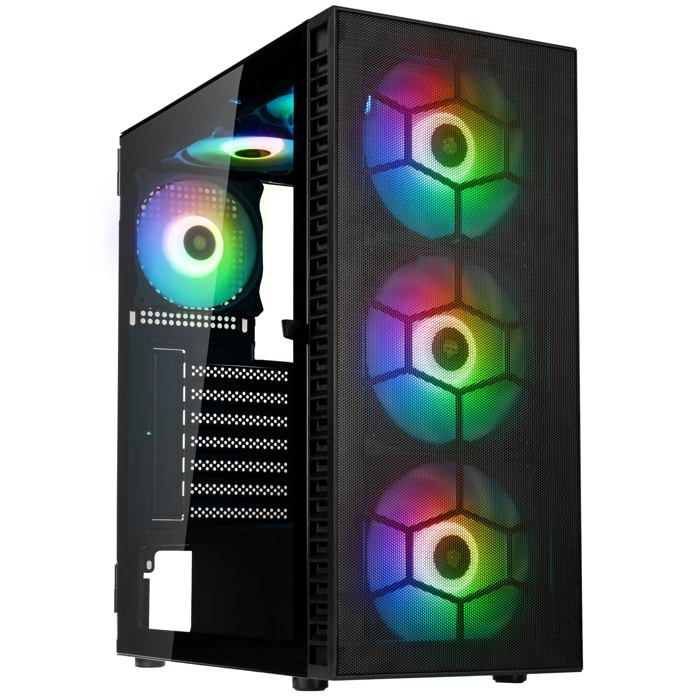 Tour midi Kolink Observatory HF Mesh Boîtier PC noir 2 ventilateurs pré-installés 4 ventilateurs LED pré-installés