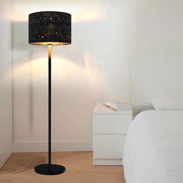 Homefire E27 Lampe moderne à abat-jour étoilé tissu & métal or noir 30x30x145cm avec interrupteur pédalier