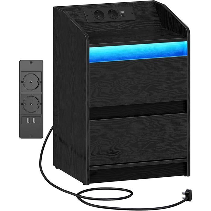 Tables de Chevet avec lumières LED Station de Chargement et 2 tiroirs Table dappoint avec Ports USB et Prises électriques Noir