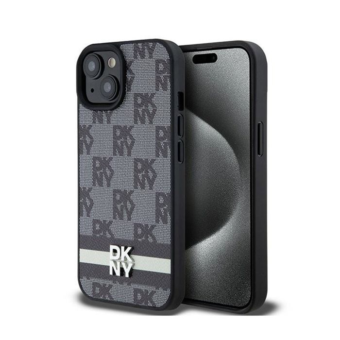 Coque pour smartphone - DKNY - iPhone 15 Plus / 14 Plus - Cuir noir - Motif carreaux et rayures - Rigide