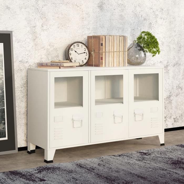 SALE 2025Meuble bas bahut vaisselier - Buffet industriel Blanc 105x35x62 cm Métal et verre2185 Kg 4844