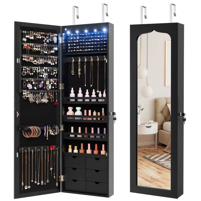 Armoire à Bijoux Murale - RELAX4LIFE - 5 Lumières Automatiques - 6 Tiroirs en Bois - 4 Etagères de Rangement - Miroir - Noir