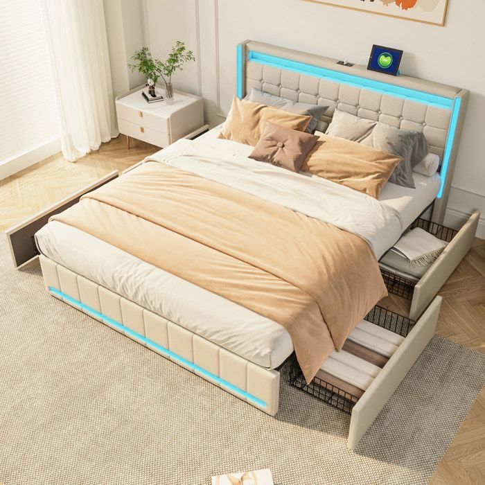 Cadre de lit 140x200 cm 2 places beige – 4 tiroirs LED intégrée ports USB/Type‑C sommier à lattes