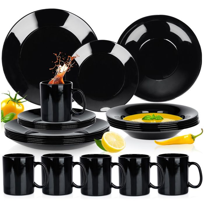 Set de table 24 pièces - Vaisselle en verre opale - 6 mugs 6 assiettes creuses 6 assiettes à dessert - Noir
