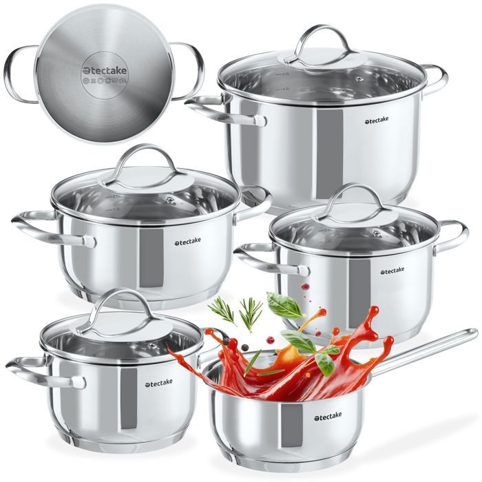 Batterie de cuisine - TECTAKE - Lot de casseroles BOLOGNE II 9 pièces compatible induction avec poignées et couvercles - Argent
