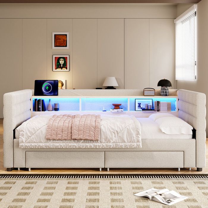 Canapé-lit 90x190cm - MODERNLUXE - Lit gigogne - USB/Type-C - LED - Beige(matelas non inclus) Canapé-lit 90x190cm - MODERNLUXE - Lit gigogne - USB/Type-C - LED - Beige(matelas non inclus)