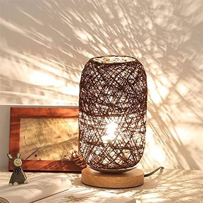 Lampe de chevet moderne en bambou et rotin avec base en bois LED à intensité variable décoration créative pour salon ou YYV
