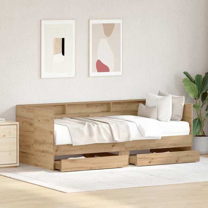 Lit dappoint en bois dingénierie - UU - 90x190 cm - Chêne artisanal - Avec tiroir - Transformable en canapé - Durable