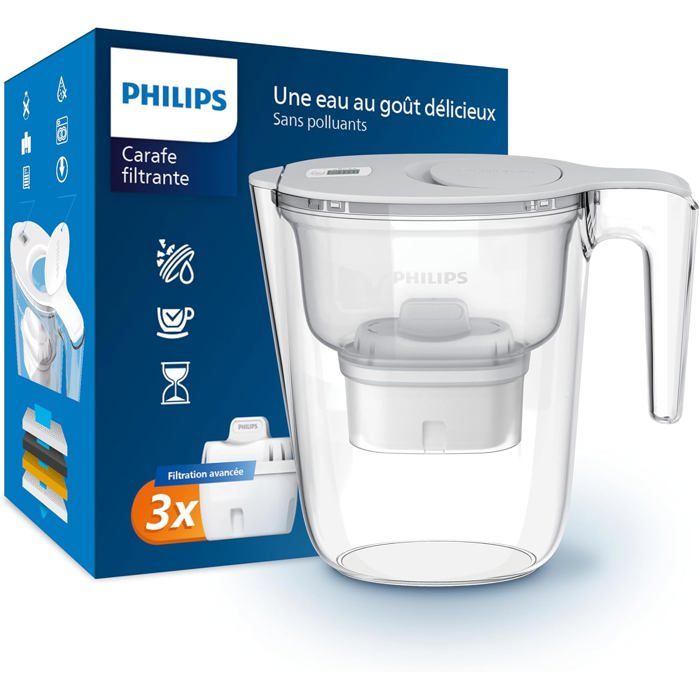 Philips Water Carafe filtrante avec 3 cartouches de remplacement minuterie électronique débit rapide filtre le CHLORE le CALCAIRE les MÉTAUX LOURDS et les MICROPLASTIQUES capacité de 2.6 - vue 7