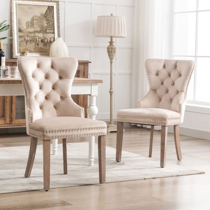 Lot de 2 Chaises de Salle à Manger - avec Anneau de Trappe Clous Décoratifs et Pieds en Bois Massif -  Vintage - Velours Beige