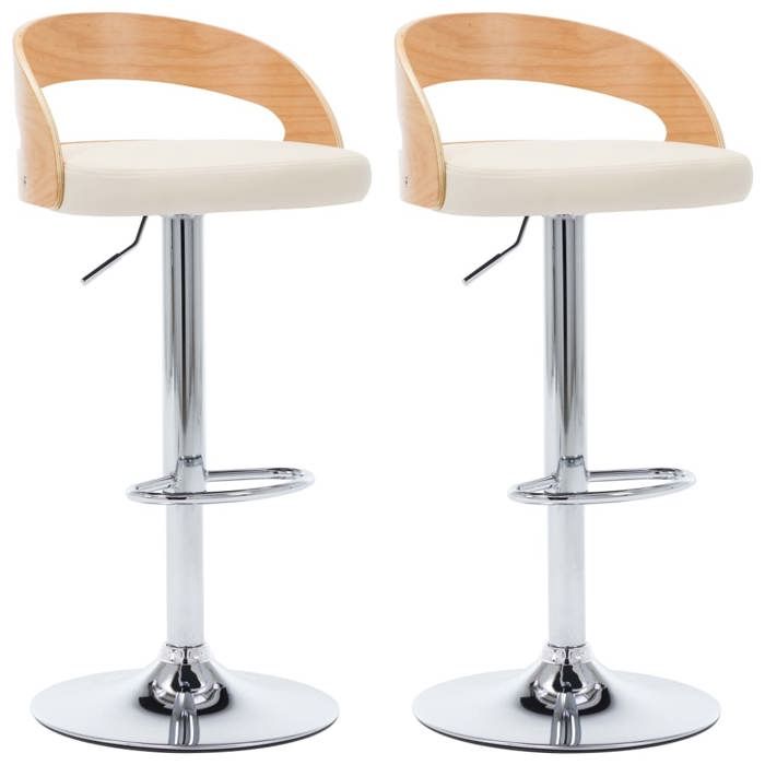 NEUF 2026 CHIC Chaises de bar SWEETY Tabourets HAUTE Set de 2 crème similicuir et bois courbé 46.5x45x(80 - 100.5) cm CCC1336