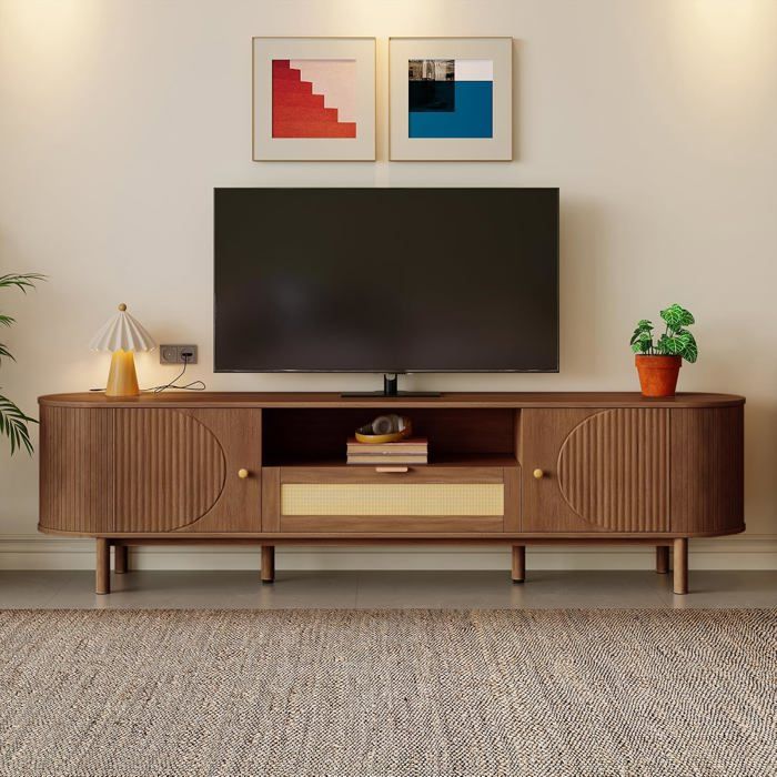 Meuble TV Lowboard 150 cm avec tiroirs en rotin compartiments ouverts Lowboard aspect bois buffet salon pieds métalliques Noyer
