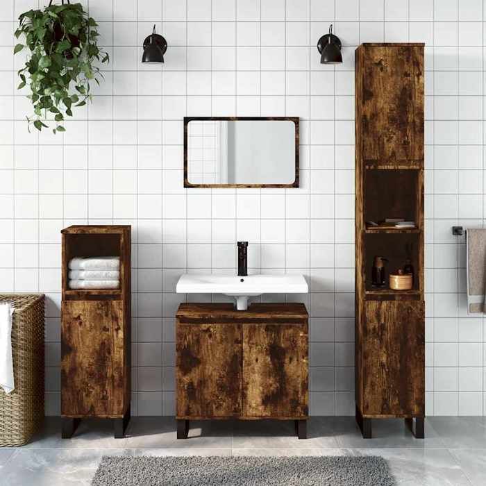 Brun Armoire de bain moderne SARAZYJ COLONNE WC chêne fumé 58x33x60 cm bois dingénierie E2710