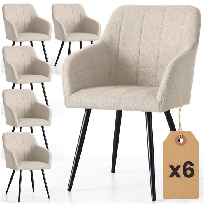 Lot de 6 Chaises rembourrées à surpiqûres carrées LUXANO Beige pieds noirs tissu Lumos