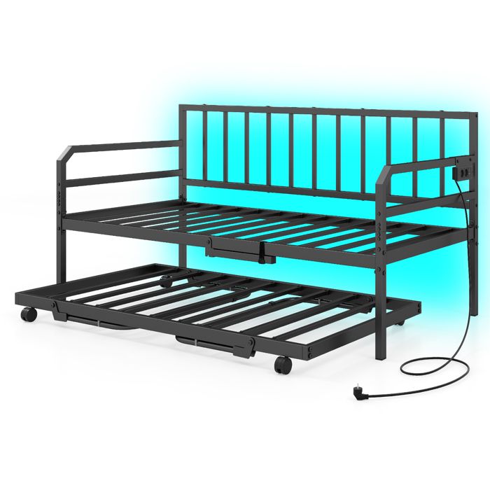 GIANTEX Cadre de Lit Simple en Métal avec Lit Gigogne- Station de Charge- Lumières LED- Lattes en Métal- Roulettes avec Freins- Noir GIANTEX Cadre de Lit Simple en Métal avec Lit Gigogne- Station de Charge- Lumières LED- Lattes en Métal- Roulettes avec Freins- Noir