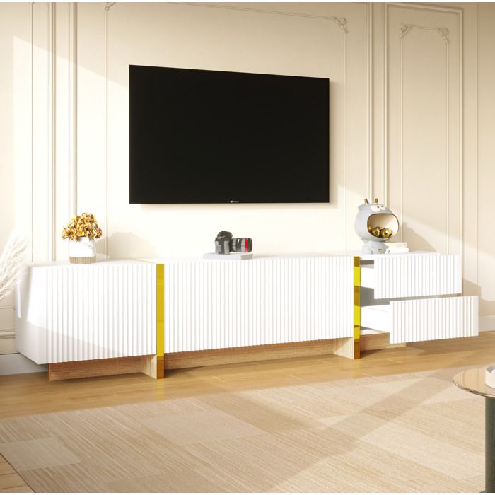 Meuble TV bas avec 3 portes et 2 tiroirs charnières amorties rangement MDF/PB blanc et or 190x35x45 cm