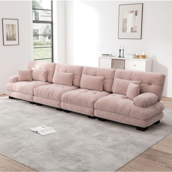 Canapé d’angle modulable 4 places assise profonde chenille rose ...