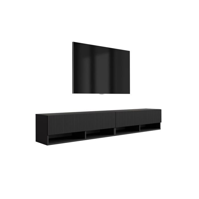 Meuble TV mural - Meuble avec étagère et placard façade rainurée - 200 cm (2×100) - Noir mat - Panneau stratifié 16 mm