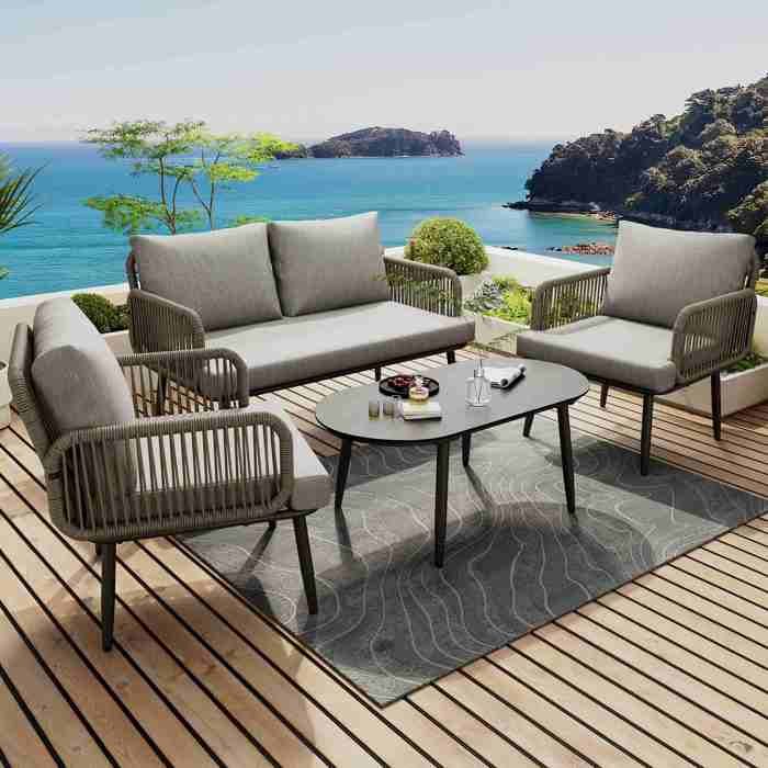Ensemble salon de jardin - HIBA - Ensemble 4 pcs - Gris - Acier galvanisé - Plateau verre trempé motif bois