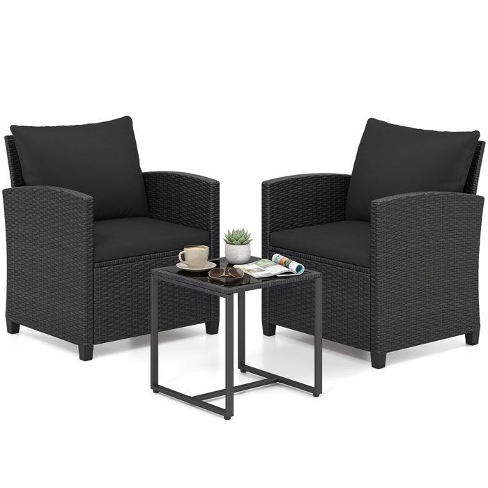 Ensemble 3 PCS Table et Chaises de Jardin COSTWAY 2 Fauteuils en Rotin PE Noir Plateau en Verre Trempé Coussins Amovibles Noir