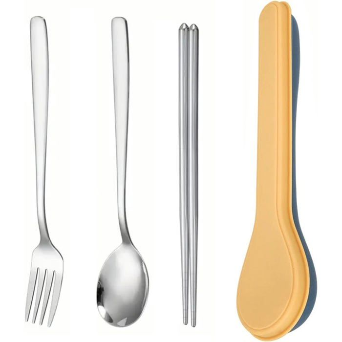 Lot de 4 Couverts en Acier Inoxydable Portable - Set Repas Voyage Camping École avec Baguettes Fourchette Cuillère Orange