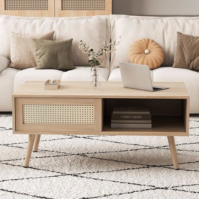 Table Basse en Rotin - Table Dappoint avec Portes Coulissantes - Pieds en Bois Massif - Table de Salon Moderne - 105x55x40cm