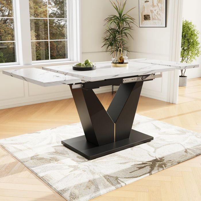 Table à manger extensible - N620P245413W - 99-159×75×75 cm - MDF+Métal - Blanc/Noir