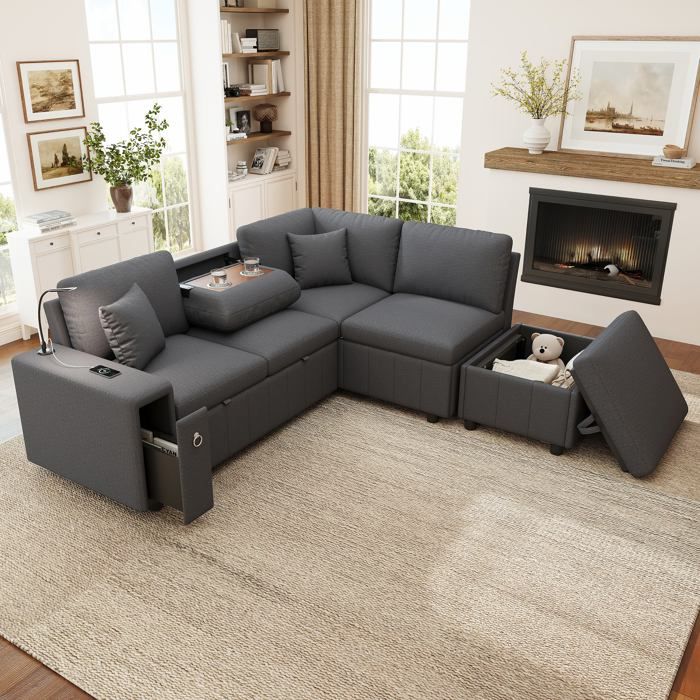 Canapé dangle - Canapé modulable 5 places - Extensible (213×184×88 cm) - Rangement & repose-pieds - Ports USB/Type‑C lampe lecture