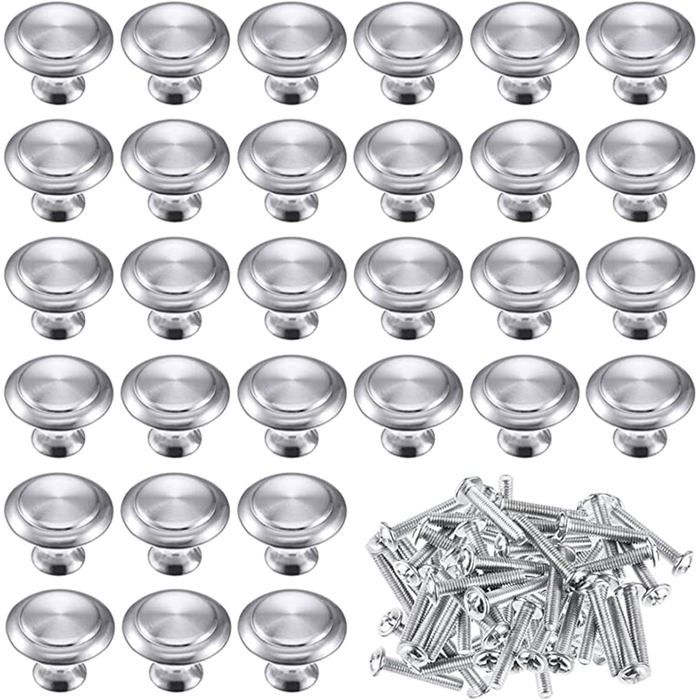 Lot de 30 boutons de meuble en acier inoxydable-Boutons de tiroir ronds-Avec vis-Cuisinetiroirarmoirechambre