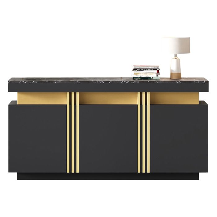 Bahut Esszimmer 140x38x70cm 3 Portes Noir Moderne avec Étagères Modulables Style Sans Poignées