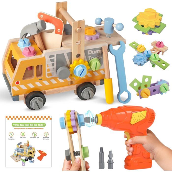 Jouet Enfant 3 Ans Enfant Montessori Jeux Enfants 3 Ans avec Perceuse Jouet en Bois Outil Enfant 40 Pièces et établis Cadeau