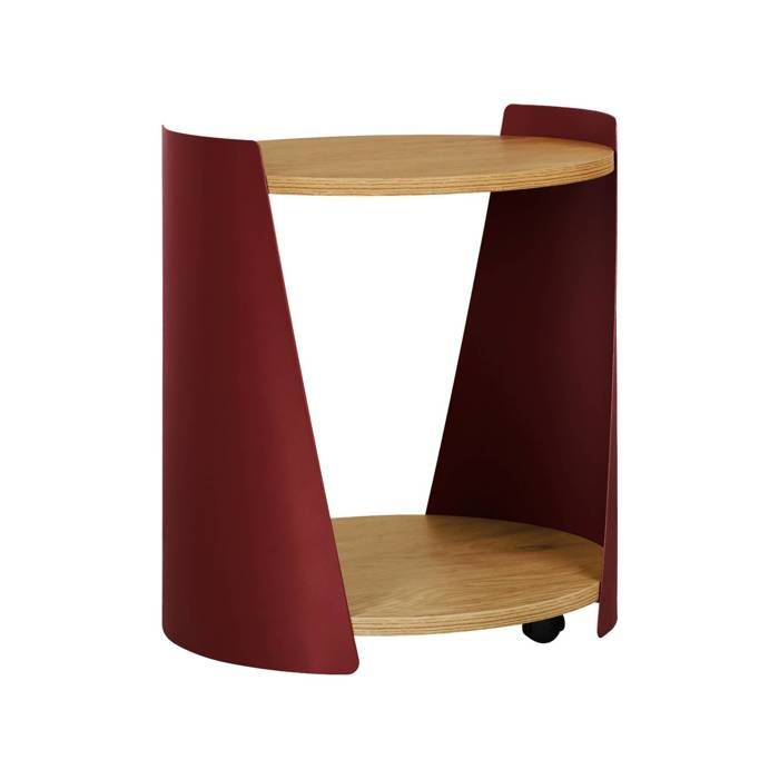 Table dappoint métal courbé et décor bois avec roulettes rouge - Molto