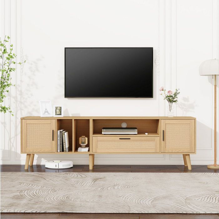 Meuble TV 180 cm - Oak - décor rotin - 2 portes 1 tiroir - pour TV jusquà 80 pouces
