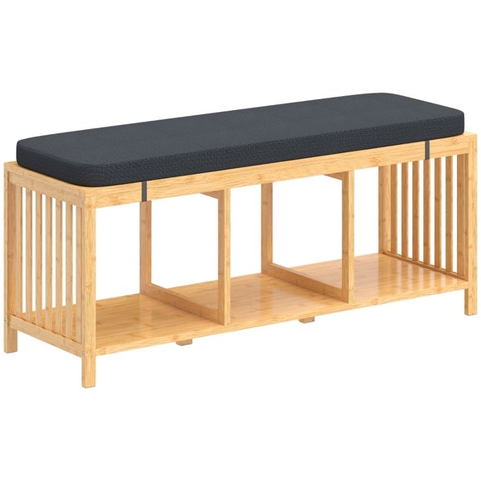 Banc à chaussures en bambou - Bois naturel - Dimensions 102x33x45 cm - Coussin rembourré 5 cm