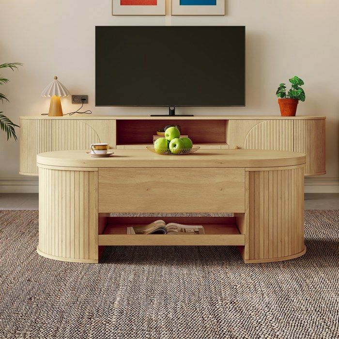 Table basse relevable multifonction avec rangement caché tablette coulissante côtés cintrés à lattes effet bois