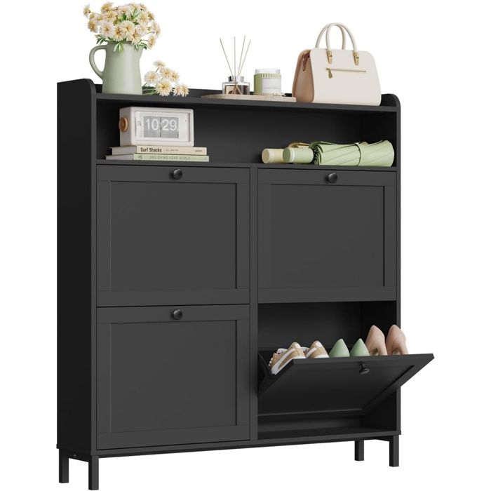 WOLTU Meuble à Chaussures Armoire à Chaussure à 4 Portes Abattantes Compartiment Ouvert Meuble dEntrée Noir WOLTU Meuble à Chaussures Armoire à Chaussure à 4 Portes Abattantes Compartiment Ouvert Meuble dEntrée Noir