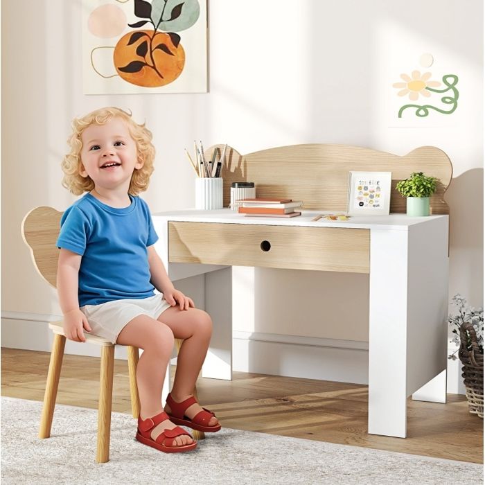 Bureau enfant avec chaise 80 x 41 x 74 5 cm 1 tiroir forme ours bois naturel et blanc 3-8 ans
