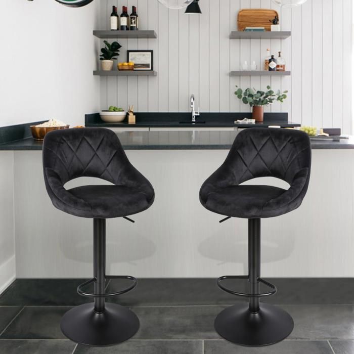 OHMG-Lot De 2 Chaises De Bar Cuillère-Dos Creux-Flanelle-Pieds-Soulevabl-Pied De Chaise En Acier Inoxydable-Facile À Nettoyer-Noir