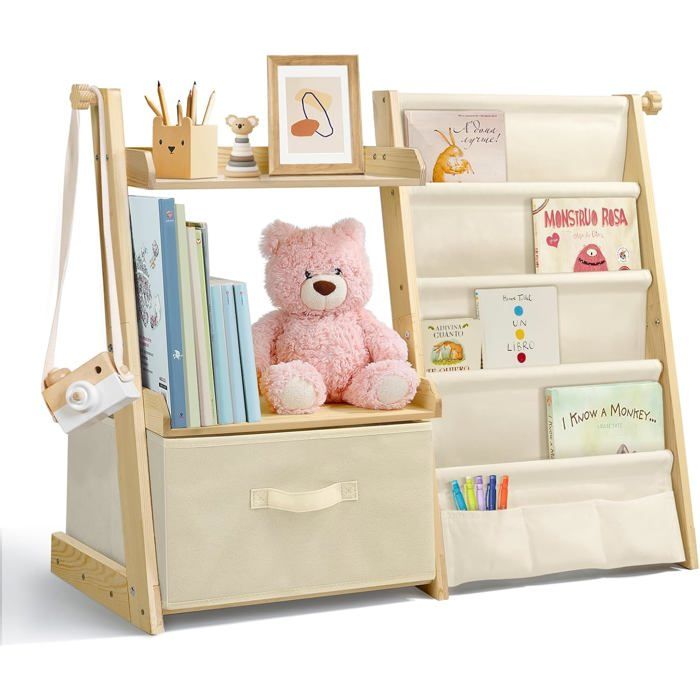Bibliothèque enfant 4 niveaux en bois massif beige - 2 étagères et 1 boîte de rangement hauteur 695 cm pour chambre denfant