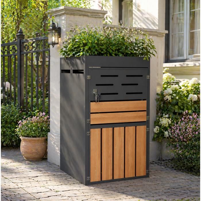 Coffre Exterieur Gris En Metal Armoire De Jardin 2 En 1 FloraGrace Pour Jardin Bac A Plantes Integre 66x80x128cm