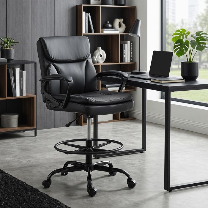 Chaise De Bureau Haute Ergonomique - Simili Cuir Noir Hauteur Réglable Avec Repose-Pieds 61X61X108Cm Charge 120Kg