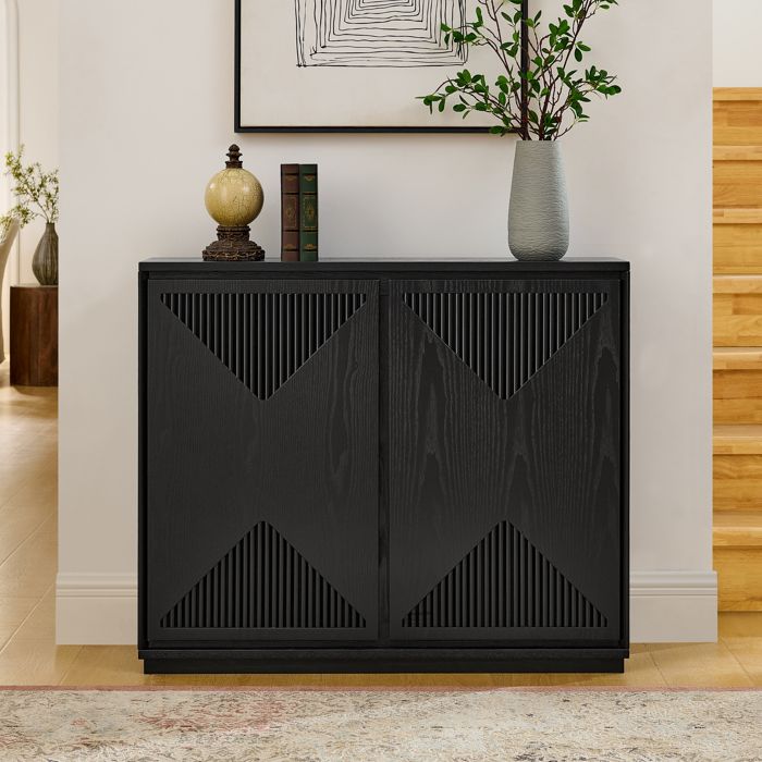 Buffet bas étroit 99 x 23 5 x 82 5 cm façades en V rangements bois massif et MDF style mid-century Noir