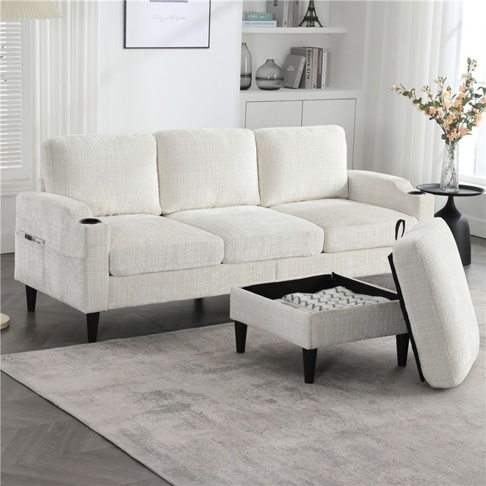 Canapé 4 places élégant avec pouf et rangement accoudoirs confortables porte-verres poches latérales pieds en plastique robuste Canapé 4 places élégant avec pouf et rangement accoudoirs confortables porte-verres poches latérales pieds en plastique robuste
