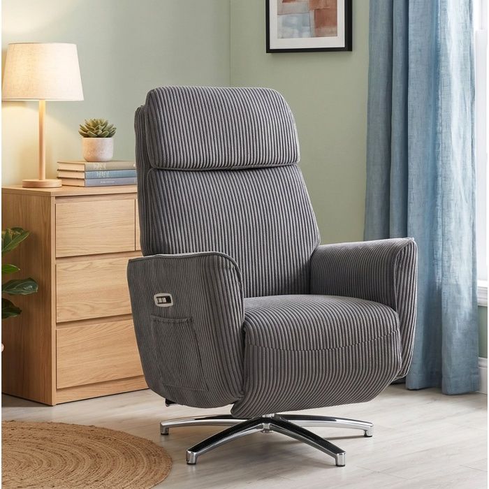 Fauteuil Relax Électrique 1 Place Double Moteur Pivotant 360 Degrés USB - BEAUNIV - Appuie-Tête Réglable Polyester Gris Foncé