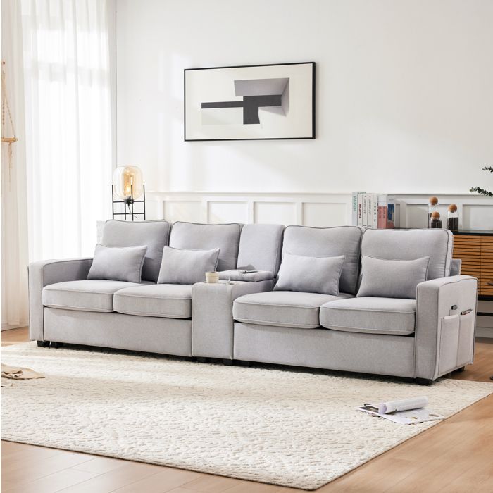 MEUBLIV Canapé fixe 4 places gris en tissu lin avec USB porte-gobelets et coffre de rangement