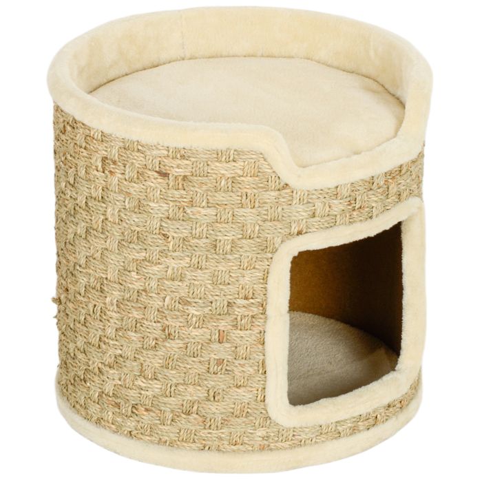 LIA Tonneau à gratter pour chat tonneau à chat recouvert de peluche capacité de 5 kg Ø 38 x 37H cm kaki et beige