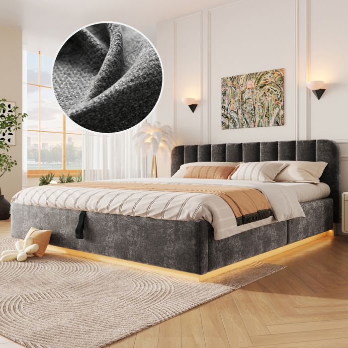 Lit 180x200 CM - avec LED - Lit Coffre avec Rangement et Tete de Lit - 2 Personnes - Gris foncé